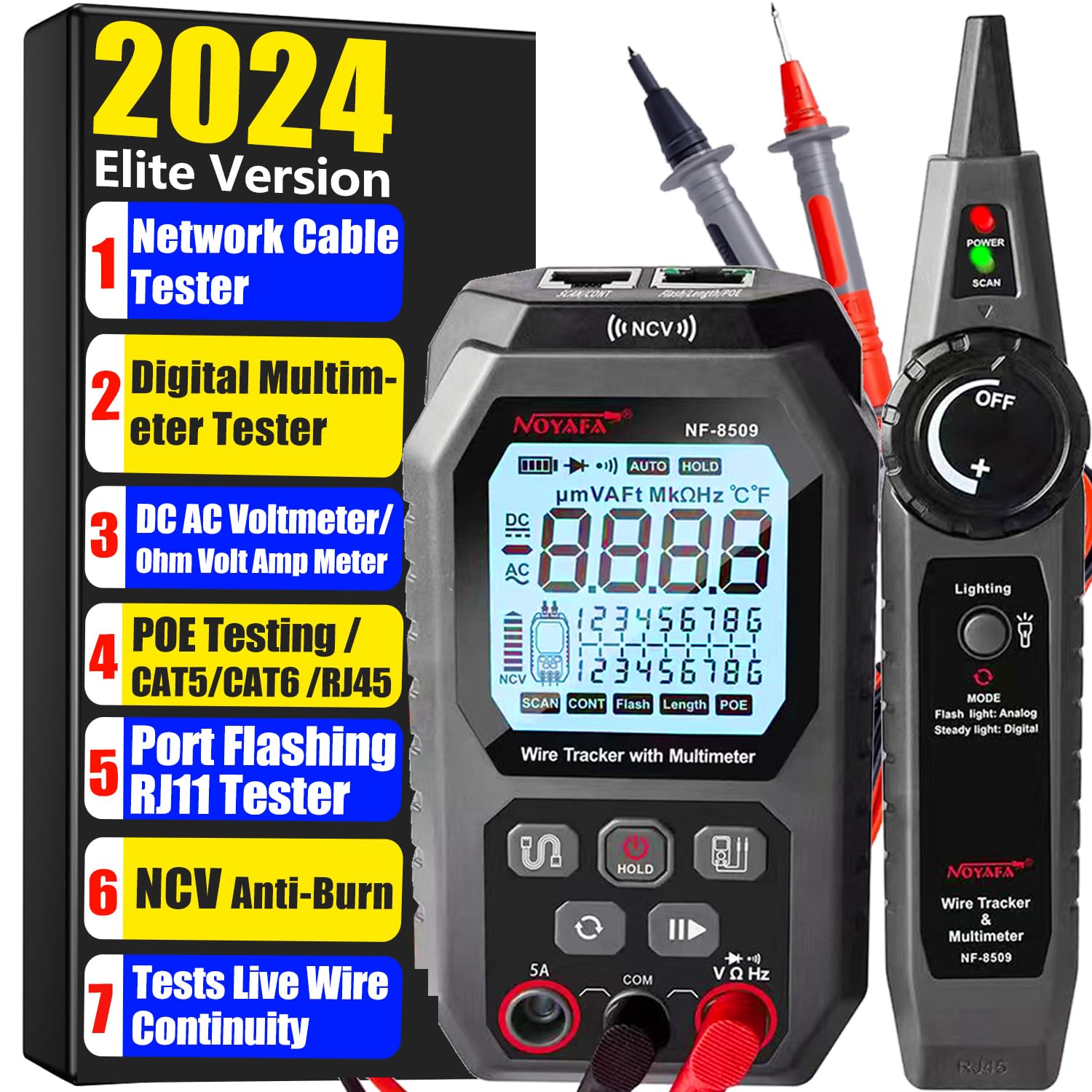 NF-8509 Network Cable Tester (with Multimeter Tester), POE/RJ45 RJ11 CAT5 CAT6 LAN/Ethernet Port Flashing, Anti-Interference TDR Network Tester/NCV Anti-Burnout AC DC Voltmeter Network Tool