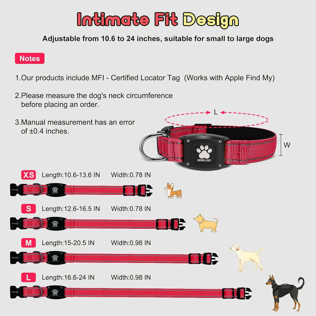 GPS Dog Collar Tracker 2-in-1,Reflective Waterproof Pet Collar,iOS-Only,No Monthly Fees,Unlimited Range,Ideal for Dog Tracking pet Tracker,for Small Medium Large Dogs(M (15"-20.5"), Red)