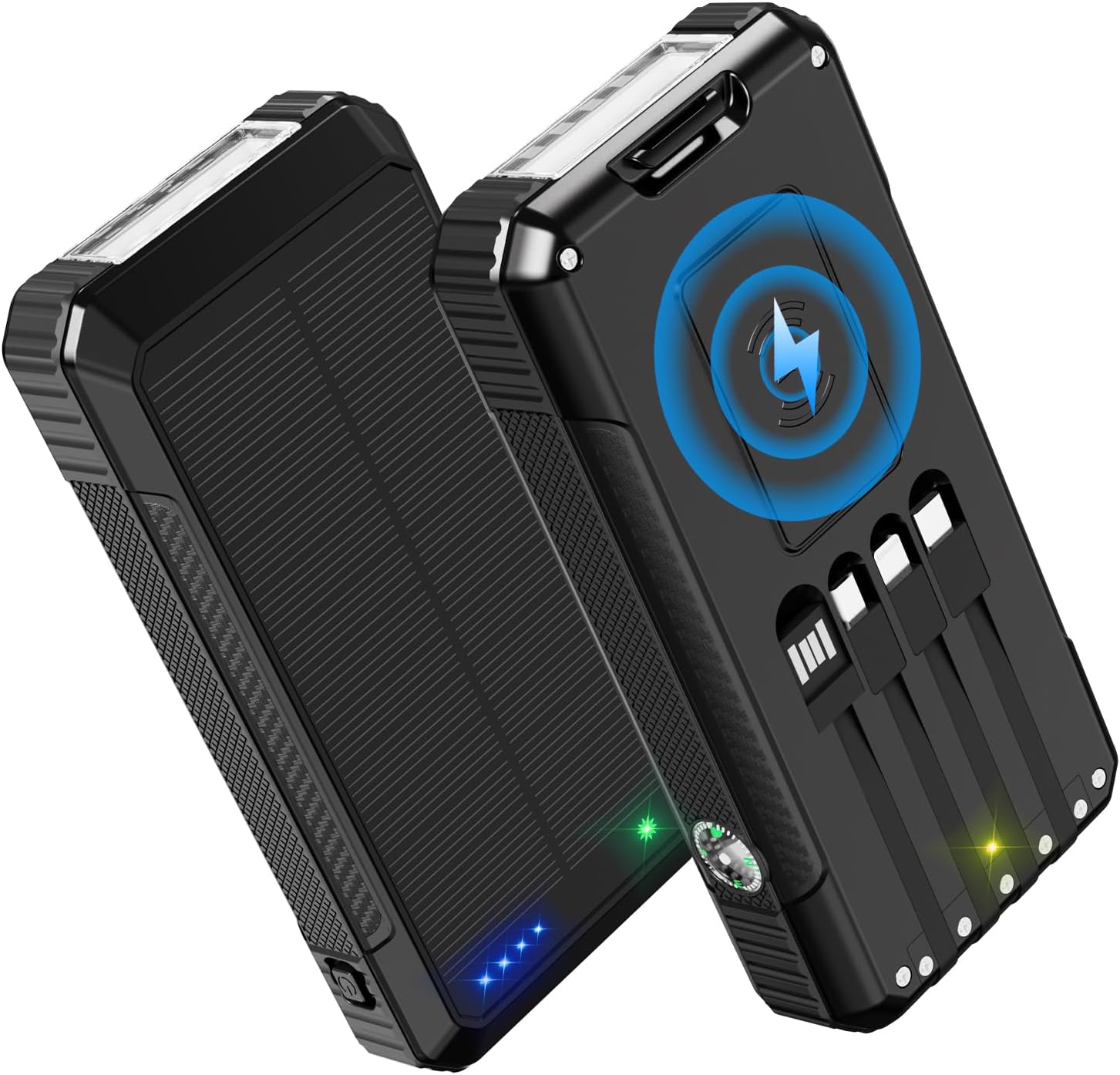 Solar Charger Power Bank 49800mAh, Portable Phone Wireless Charging Built-in 4 Cables 22.5W Fast Charging,Type-C Input/Output Port Solar Panel Charger with Flashlights&Compass for Camping（Black