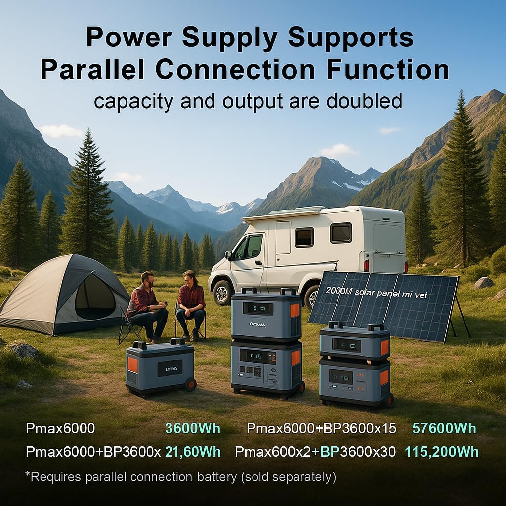 OSCAL PowerMax 6000 Solar Generator, 3600Wh/6000W Power Station with 3x400W Solar Panels, 120V/240V Split Phase Voltage AC Outlets (9000W Peak), 2400W Solar Charging,Emergency for Home,Battery Backup
