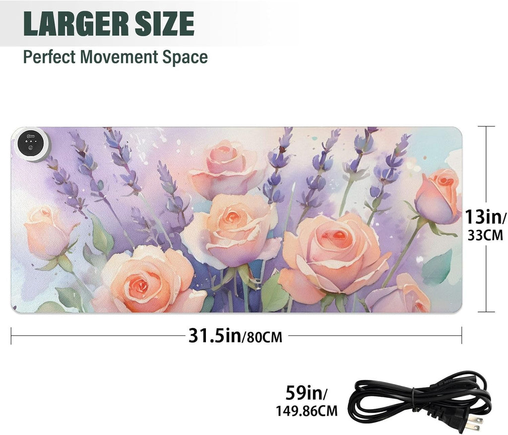 Large Heated Mouse Pad,Leather Desk Mat,31.5"x13",Hand Warmer Pads for Desk,Lavender Rose(Morandi)