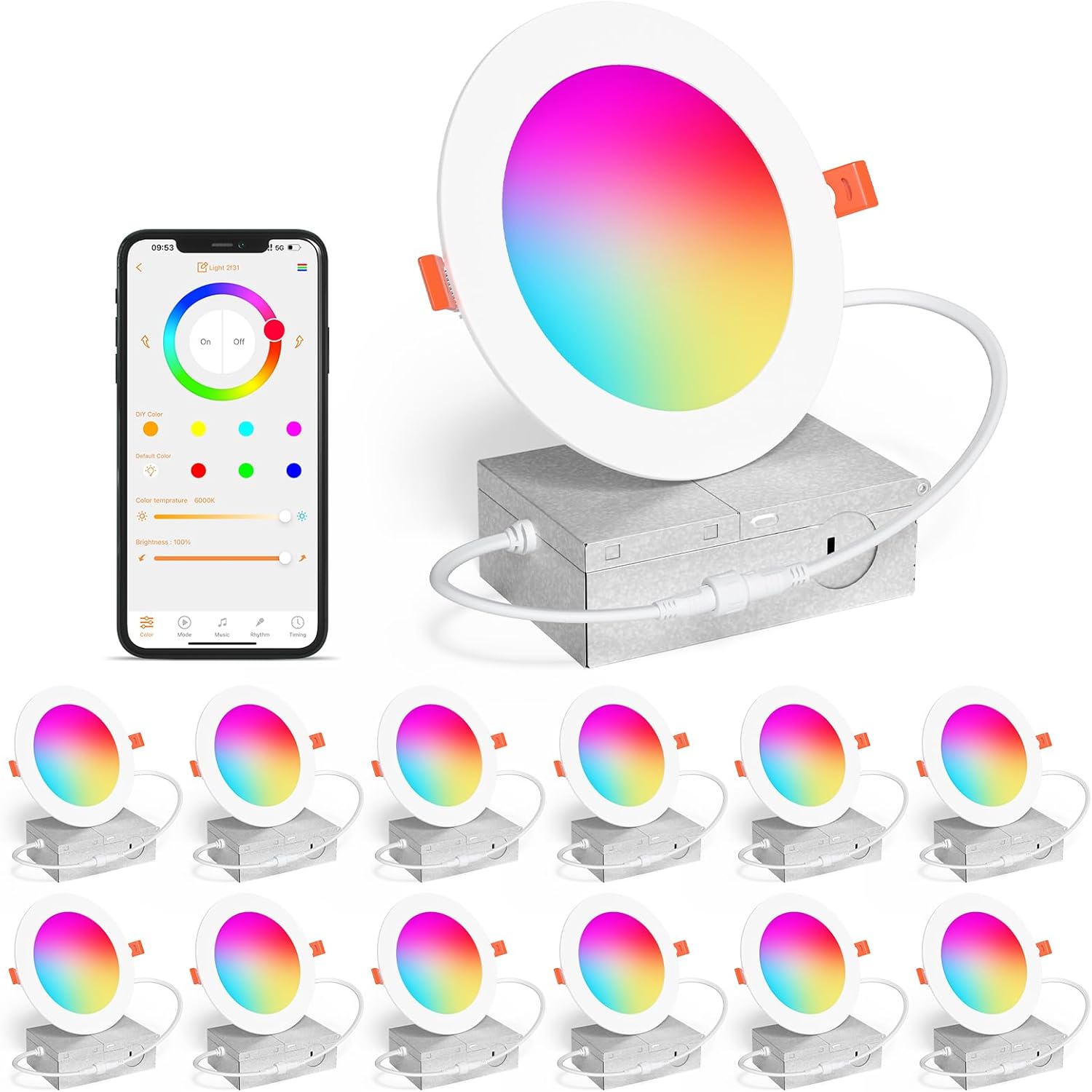 Smart Recessed Lighting 4 Inch RGBCW Color Changing 12W LED Downlight with Junction Box,1080 Lumen Recessed Ceiling Light Compatible with Alexa,Dimmable by Bluetooth Control -12Pack