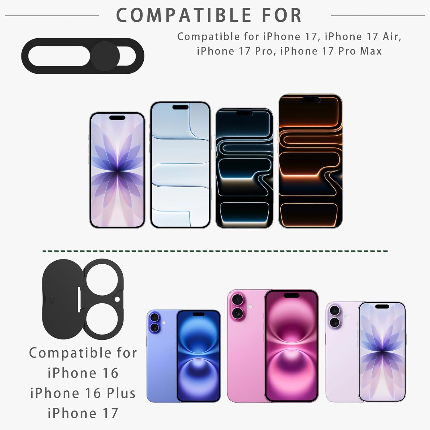 Privacy Lens Cover Compatible for iPhone 17 with Front Camera Cover,Protect Privacy and Security But Not Affect Facial Recognition（2Pack） Black