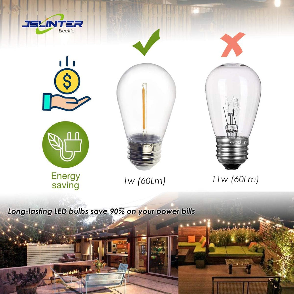 Jslinter S14 1W Outdoor String Lights Bulbs LED, Shatterproof & Waterproof, 2200K Warm White, 11W Equivalent, E26 Base, Edison Vintage Style Replacement for Patio Garden, 16-Pack