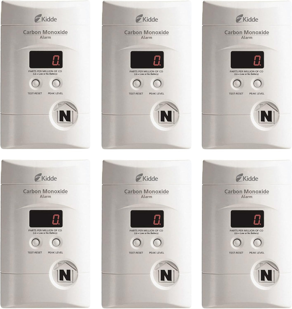 Kidde Carbon Monoxide Detector, Plug In Wall with 9-Volt Battery Backup, Digital LED Display - 6 Pack