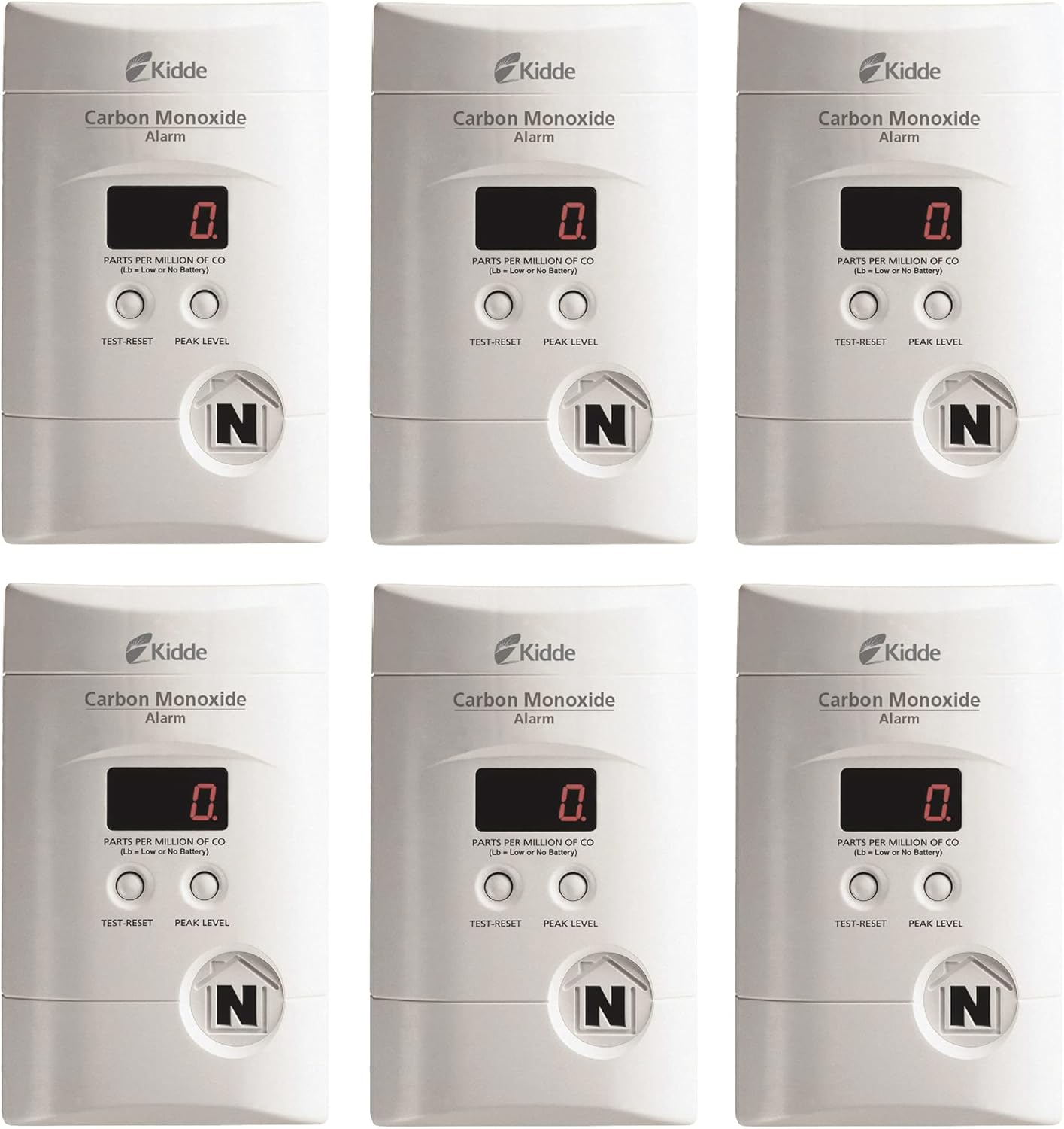 Kidde Carbon Monoxide Detector, Plug In Wall with 9-Volt Battery Backup, Digital LED Display - 6 Pack