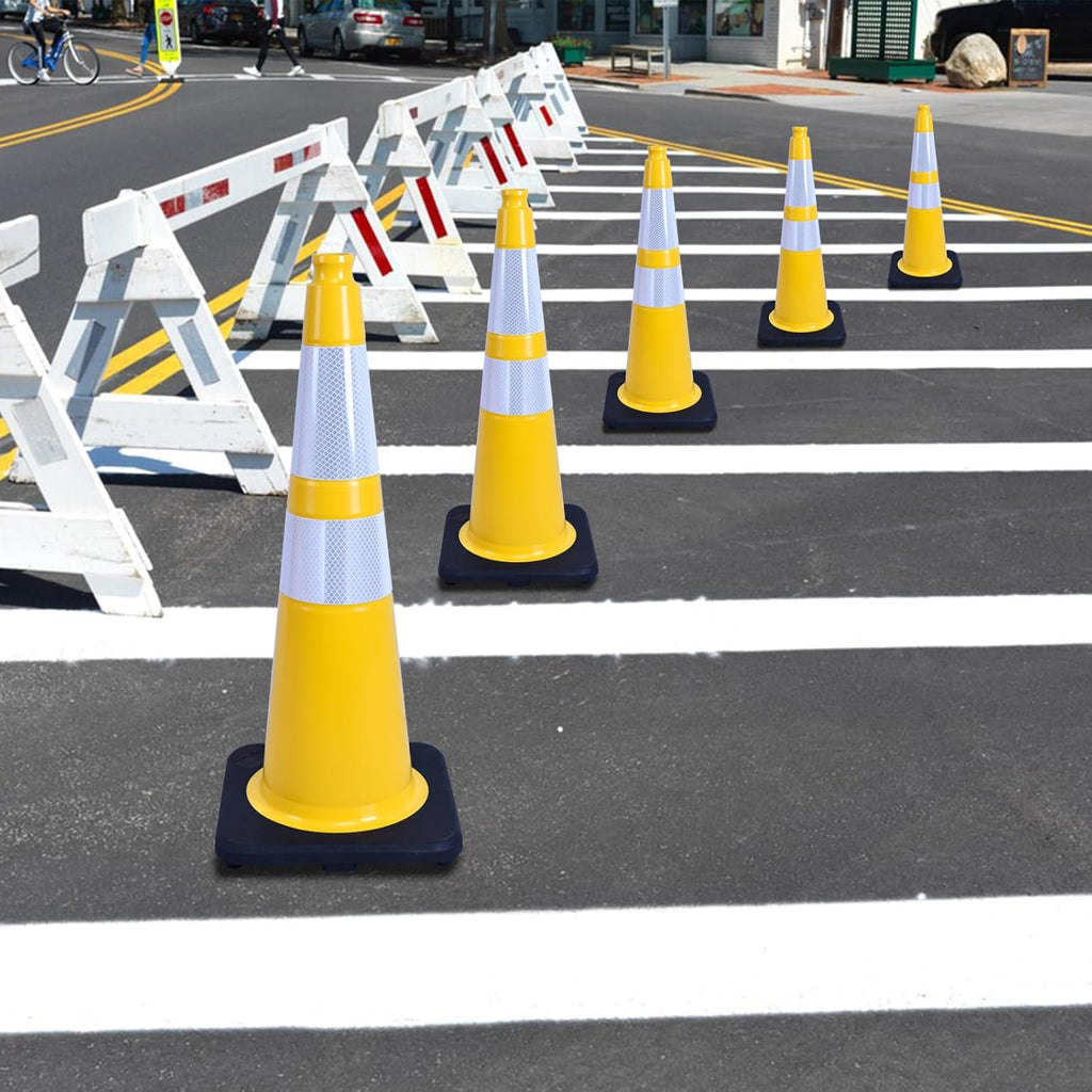 4 Pack 28 Inch Yellow PVC Traffic Cones Black Base Stable Flexible, Road Safety Construction Zone Crowd Control Parking Safety Cones (4, Yellow, 28 Inch)
