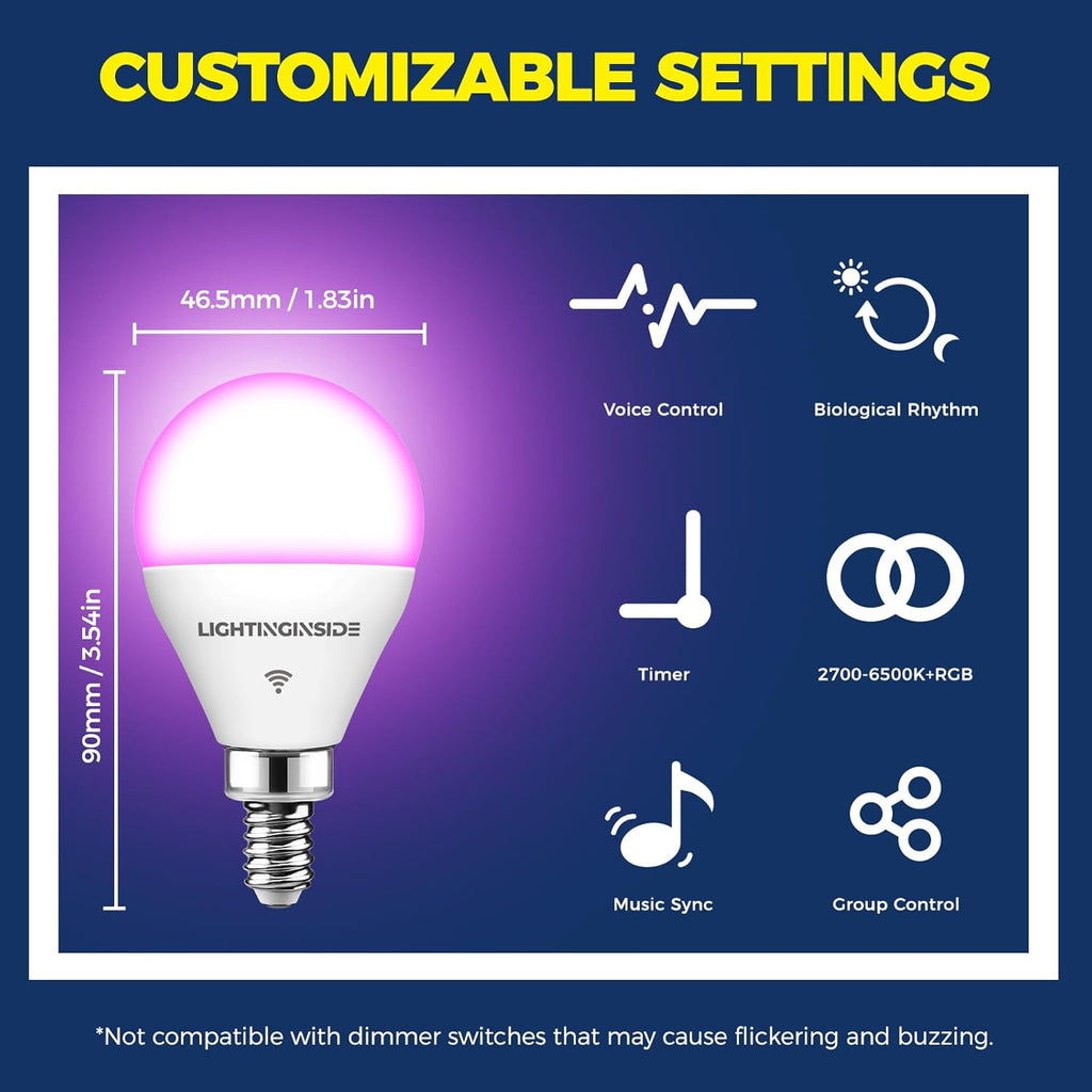 Lightinginside E12 Smart Light Bulbs 50W Equiv., G16.5 RGBCW Candelabra Chandelier Ceiling Fan Smart Bulb Works with Alexa/Google Home/Smart Life, 5W 550LM, 2.4G WiFi Bluetooth Bulb, ETL Listed, 1PC