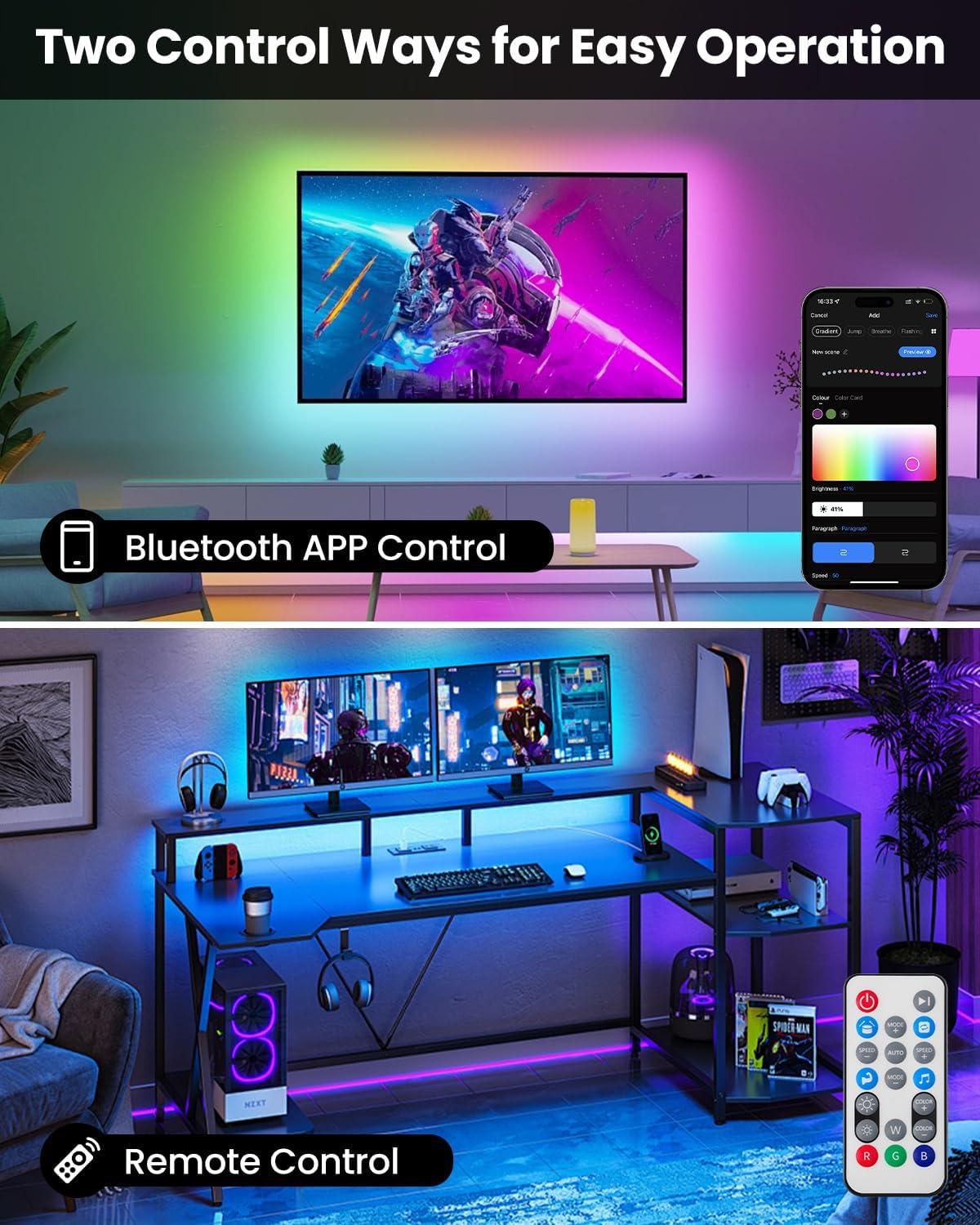 Pak LED Lights for Bedroom 16.4ft, Smart RGB+IC LED Strip Lights with App/Remote Control, Music Sync Color Changing Flexible LED Lights with 64 Scene Modes for Party, Home, Christmas, Halloween Decor