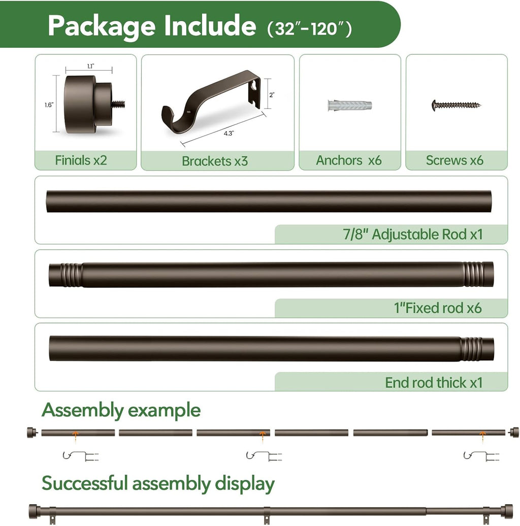 Curtain Rods for Windows 66 to 120, 1 Inch Adjustable Heavy Duty Long Window Outdoor Curtain Rod for Patio, Drapery Rods with Simple End Caps, Size 32"-120", Antique Bronze