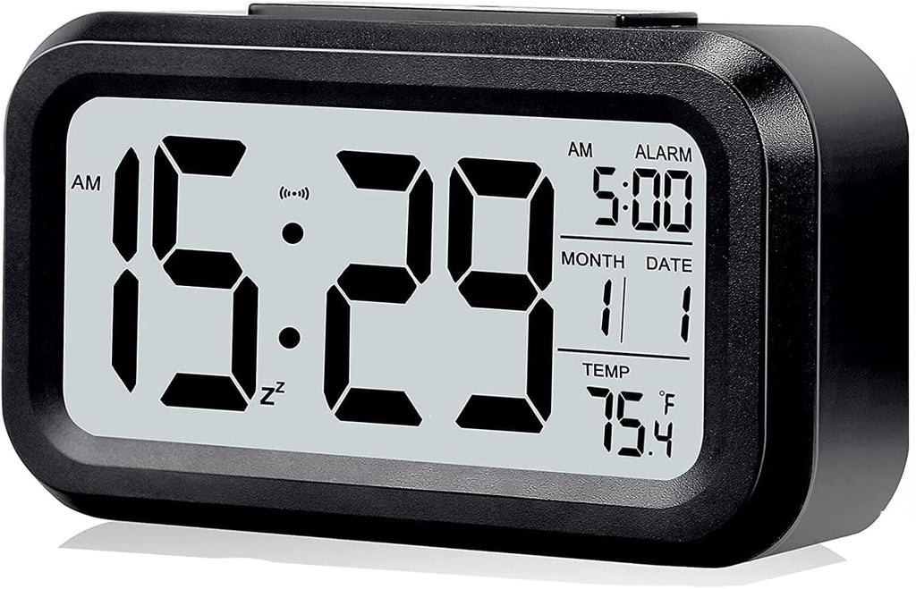 Digital Alarm Clock with LCD Display, Desk Smart Electronic Small Clock with Indoor Temperature, Date, Light Sensor, Backlight, Battery Operated, for Home Bedroom Kids Office (Black)