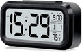 Digital Alarm Clock with LCD Display, Desk Smart Electronic Small Clock with Indoor Temperature, Date, Light Sensor, Backlight, Battery Operated, for Home Bedroom Kids Office (Black)