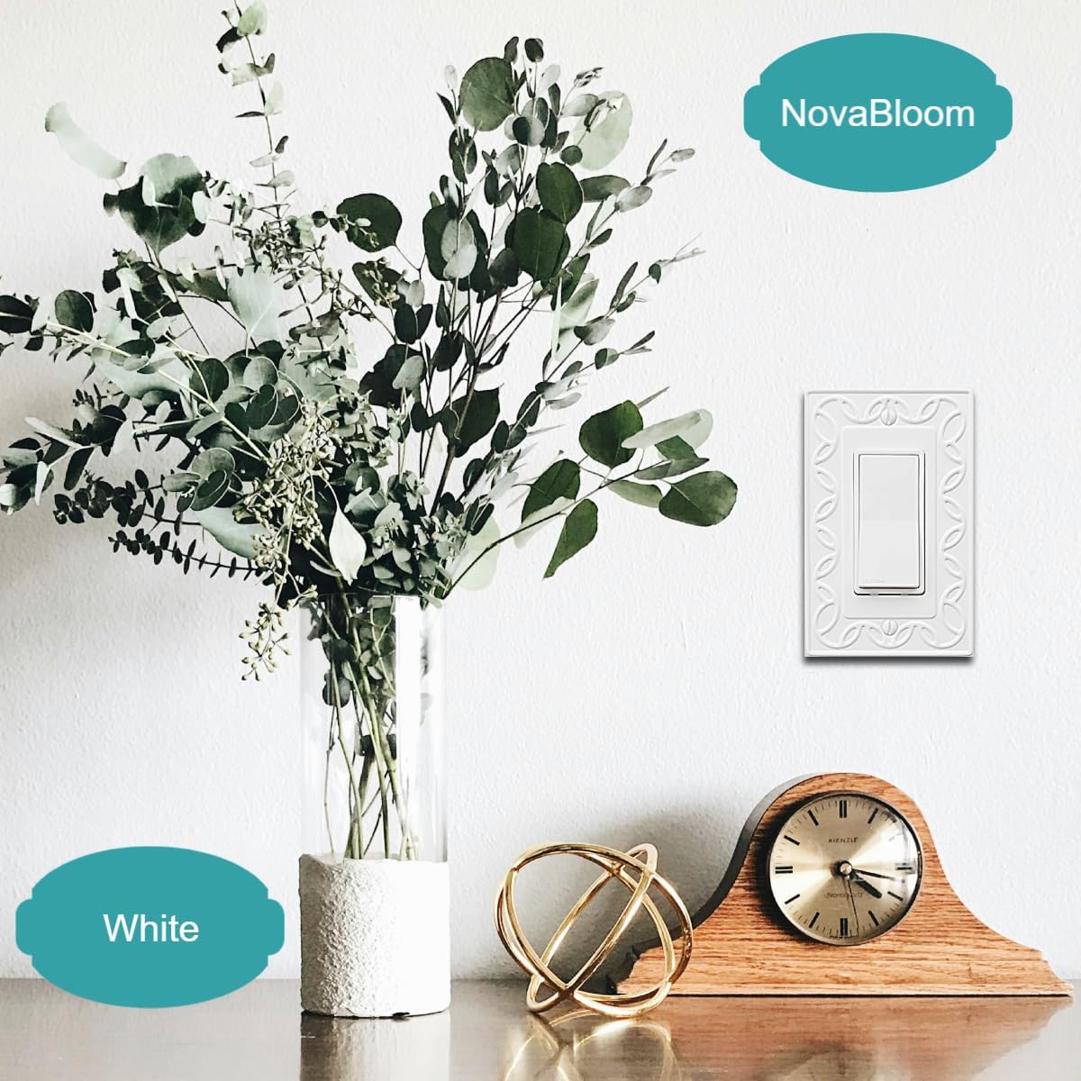 Single Decorator Light Switch Cover NovaBloom Metal Wall Plate, 4-Pack White 1 Gang Single Rocker, for Receptacle Dimmer Switch Cover GFCI Outlet Decorative Wallplate, Durable