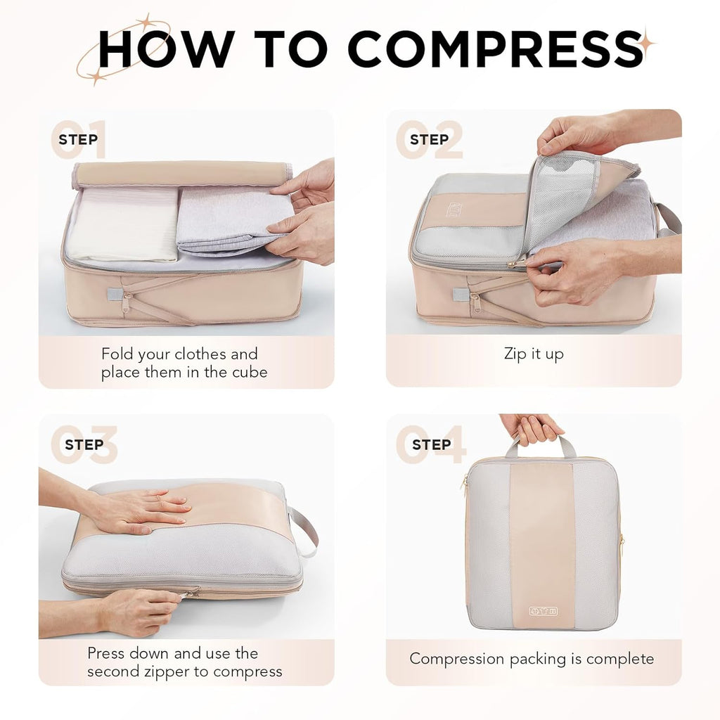 6 Set Compression Packing Cubes for Travel Essentials,Compressible Expandable Packing Cubes for Suitcase,OlarHike Luggage Organizer Bags for Travel,Handy Helper for Organizing Clothes(Beige)