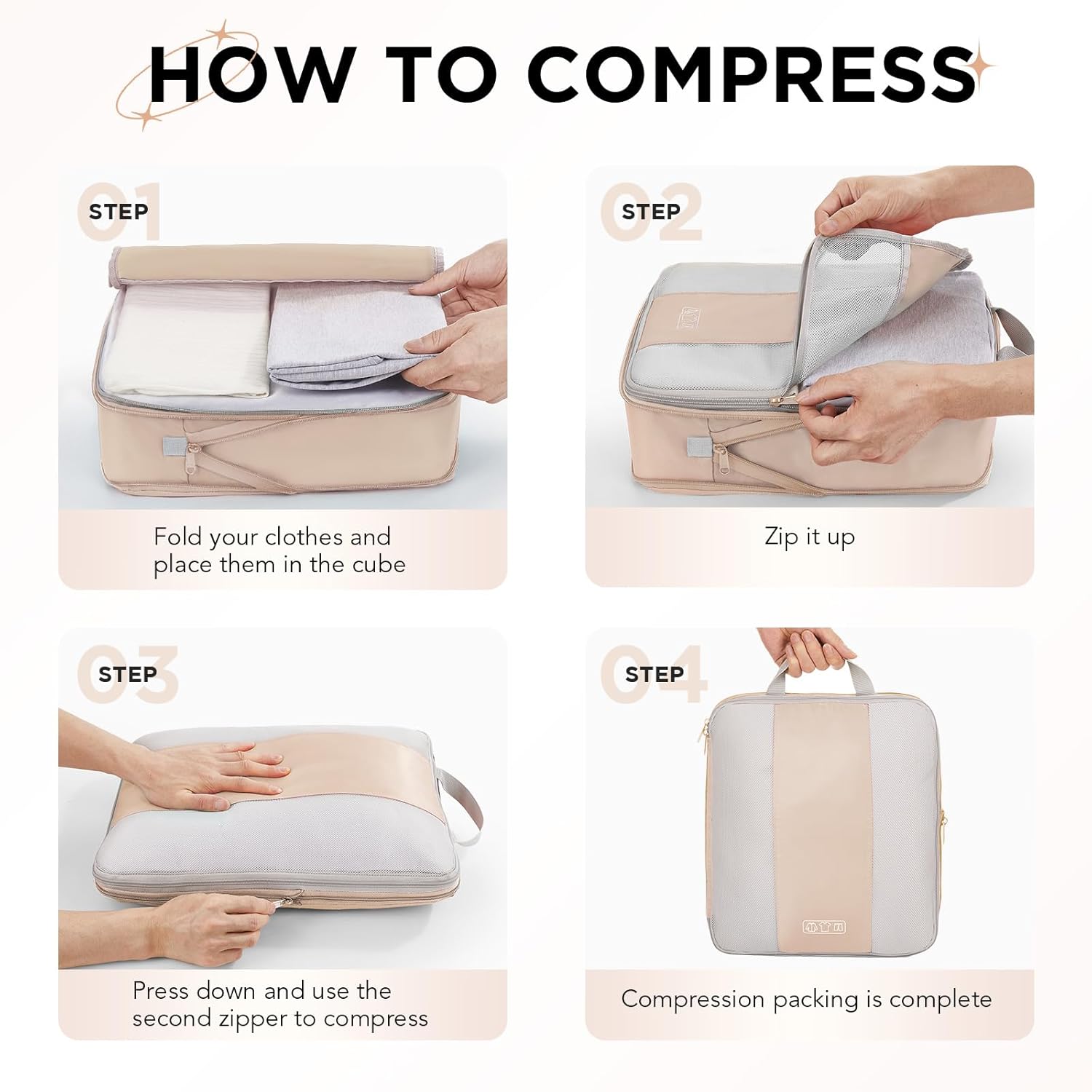 6 Set Compression Packing Cubes for Travel Essentials,Compressible Expandable Packing Cubes for Suitcase,OlarHike Luggage Organizer Bags for Travel,Handy Helper for Organizing Clothes(Beige)