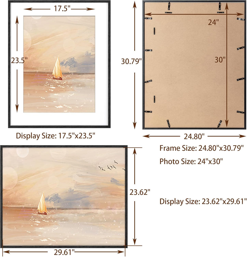 Fun Memories Black Picture Frame 24x30, Oak Wood Poster Frames 24 by 30, 24 x 30 Picture Frames with Tempered Glass, 18x24 Frame Matted to 24x30, Large Wooden Photo Frame 24x30, 1 Pack