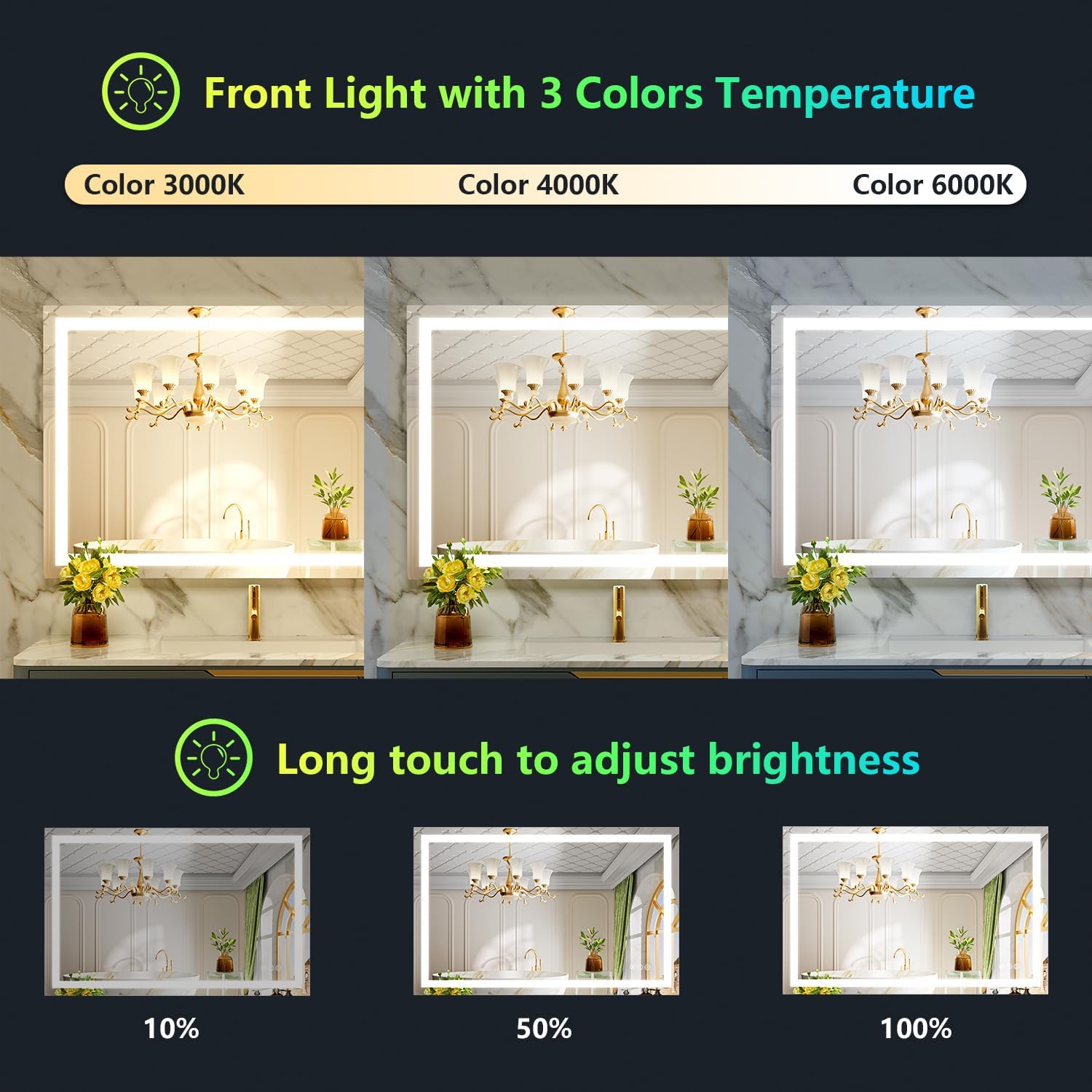 44x36 Inch RGB LED Bathroom Mirror Front Lit and RGB Backlit Lighted Vanity Mirror for Bathroom Wall Dimmable Anti Fog Memory Shatter-Proof IP54 Waterproof Horizontal/Vertical
