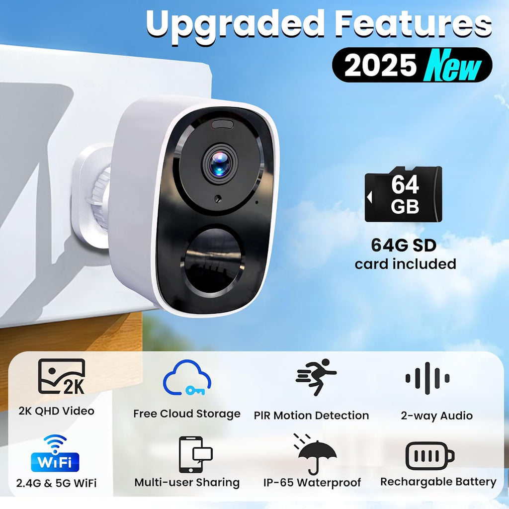 2025 Upgraded 2K Wireless Security Camera with 64G SD Card, Free Cloud Storage, 1-6 Month Battery Life, AI Motion Detection, Spotlight, Siren Alarm, 2-Way Audio, Waterproof WiFi Surveillance Camera