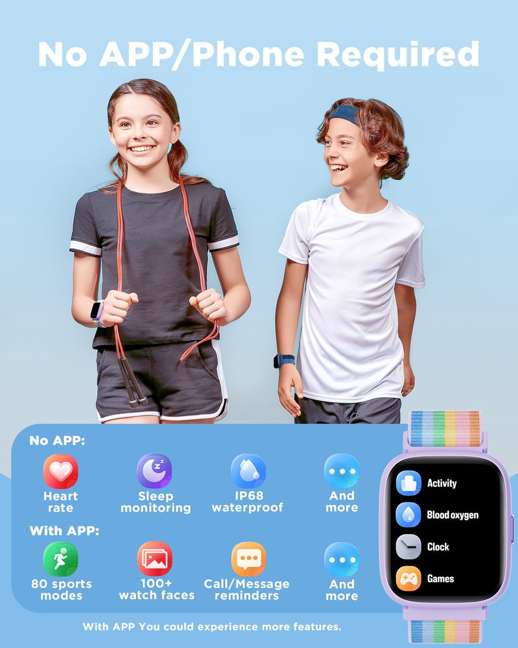 BIGGERFIVE Smart Watch for Kids, 1.8" Fitness Tracker Watch Pedometer, Heart Rate, IP68 Waterproof, Sleep Monitor, Calorie Step Counter, 5 Puzzle Games with/Without APP for Girls Teens 5-16, Nylon