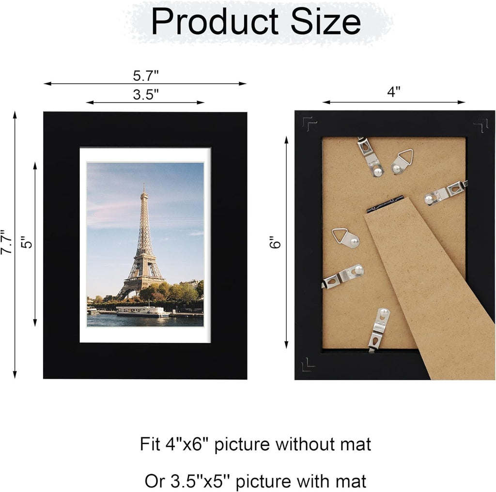 iRahmen 4x6 Picture Frame with HD Tempered Glass, Display Pictures 3.5x5 with Mat or 4 x 6 Without Mat, Wood Photo Frames for Tabletop and Wall Mount (Black, 1 Pack)