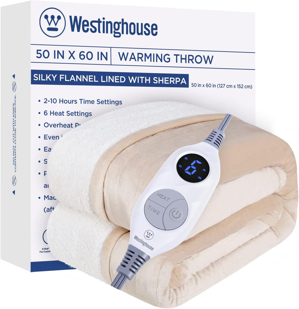 Westinghouse Heated Throw Blanket, Electric Blanket Throw with 6 Heating Levels and 2-10 Hours Time Settings, Flannel to Sherpa Super Cozy Heated Blanket Machine Washable, 50x60 inch, Beige