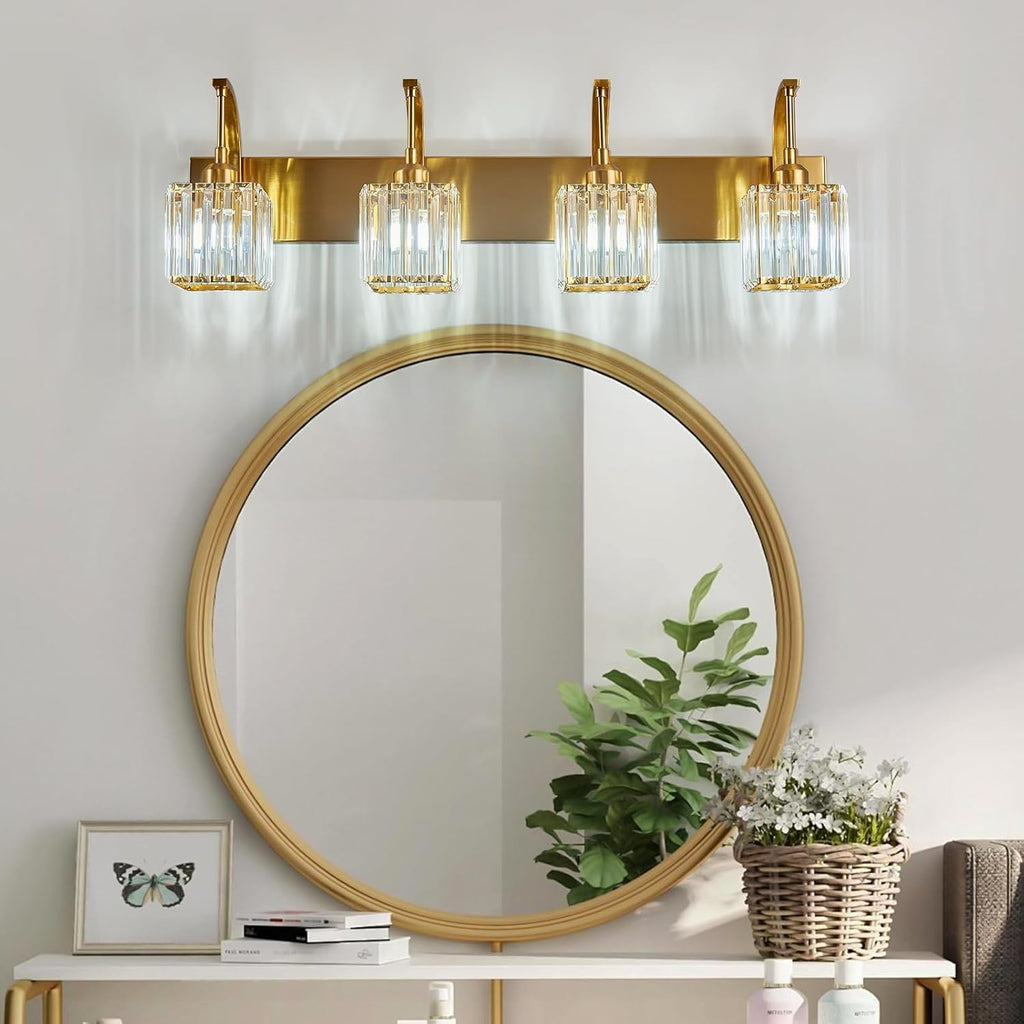 Crystal Vanity Lights 4-Light Gold Bathroom Vanity Lights Modern Crystal Bathroom Light Fixtures Over Mirror 32.67" Long Vanity Light for Bathroom