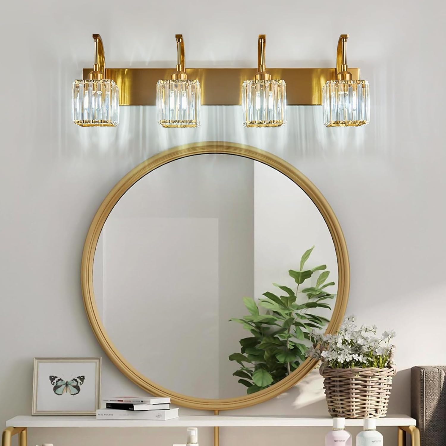 Crystal Vanity Lights 4-Light Gold Bathroom Vanity Lights Modern Crystal Bathroom Light Fixtures Over Mirror 32.67" Long Vanity Light for Bathroom
