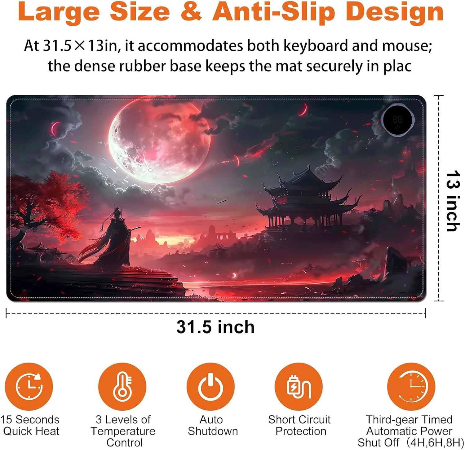Heated Mouse Pad for Desk 31.5" x 13" – PU Leather Warm Desk Pad with 3 Heat Levels (104°F/113°F/122°F), Plug-in Electric Heating Mat with Auto Shut-Off, Waterproof & Rollable, Bloody Moonlight