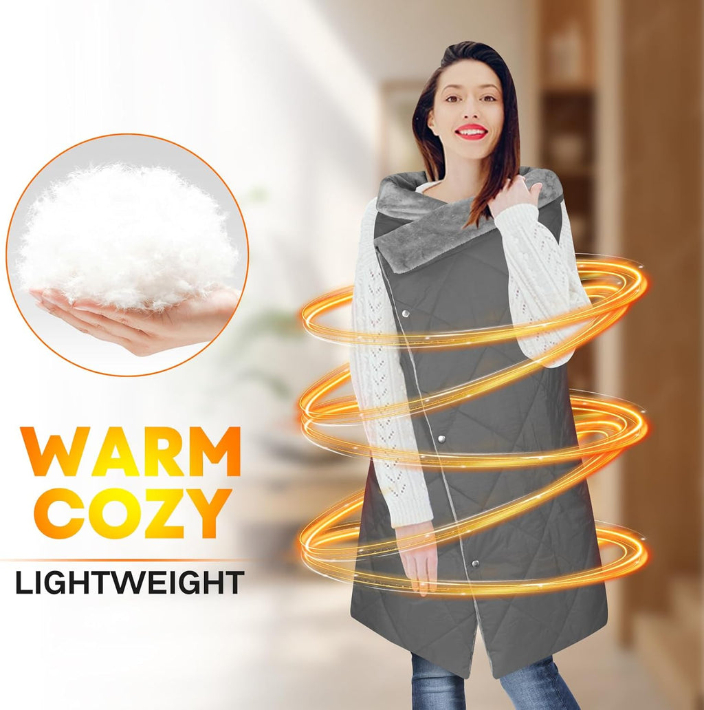 Battery Operated Heated Blanket, Fast Heating Wearable Wireless Heated Shawl Throw, Water-Resistant Cordless Electric Blanket with Power Bank for Camping, Outdoor, Stadium, Winter Warm Gift(Grey)