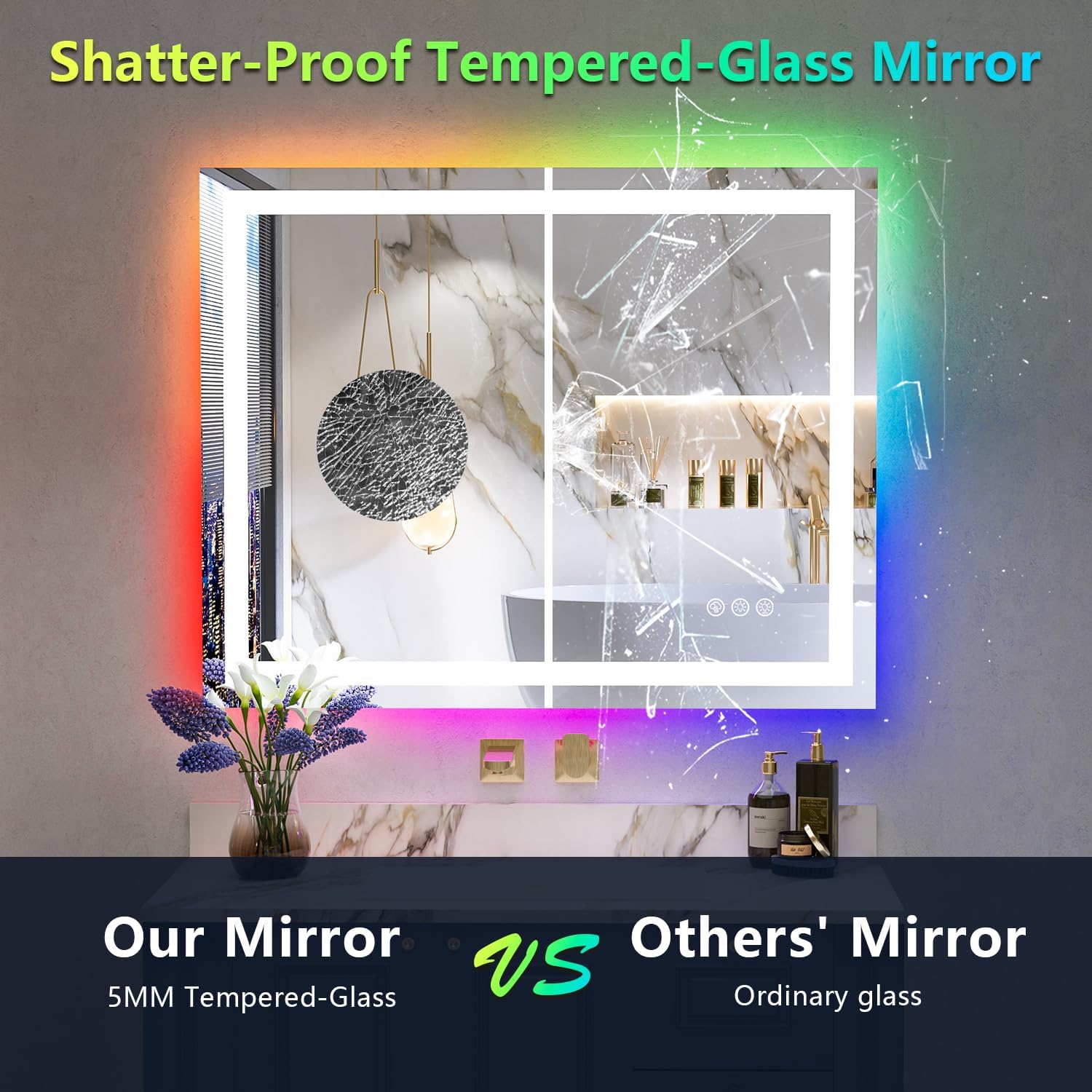40x32 Inch RGB LED Bathroom Mirror Front Light and RGB Backlit Lighted Vanity Mirror for Bathroom Wall Mounted Dimmable Anti Fog Memory Shatter-Proof IP54 Waterproof Horizontal/Vertical