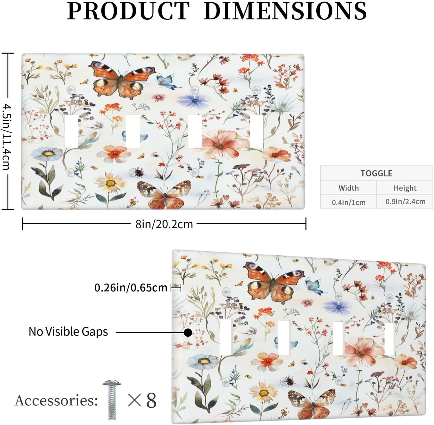 Light Switch Covers Butterfly Floral Boho Multicolor Flower Leave Quad Toggle Electrical Faceplate 4 Gang Wall Plate Decorative Switch Plates for Bed Room living Room Decor