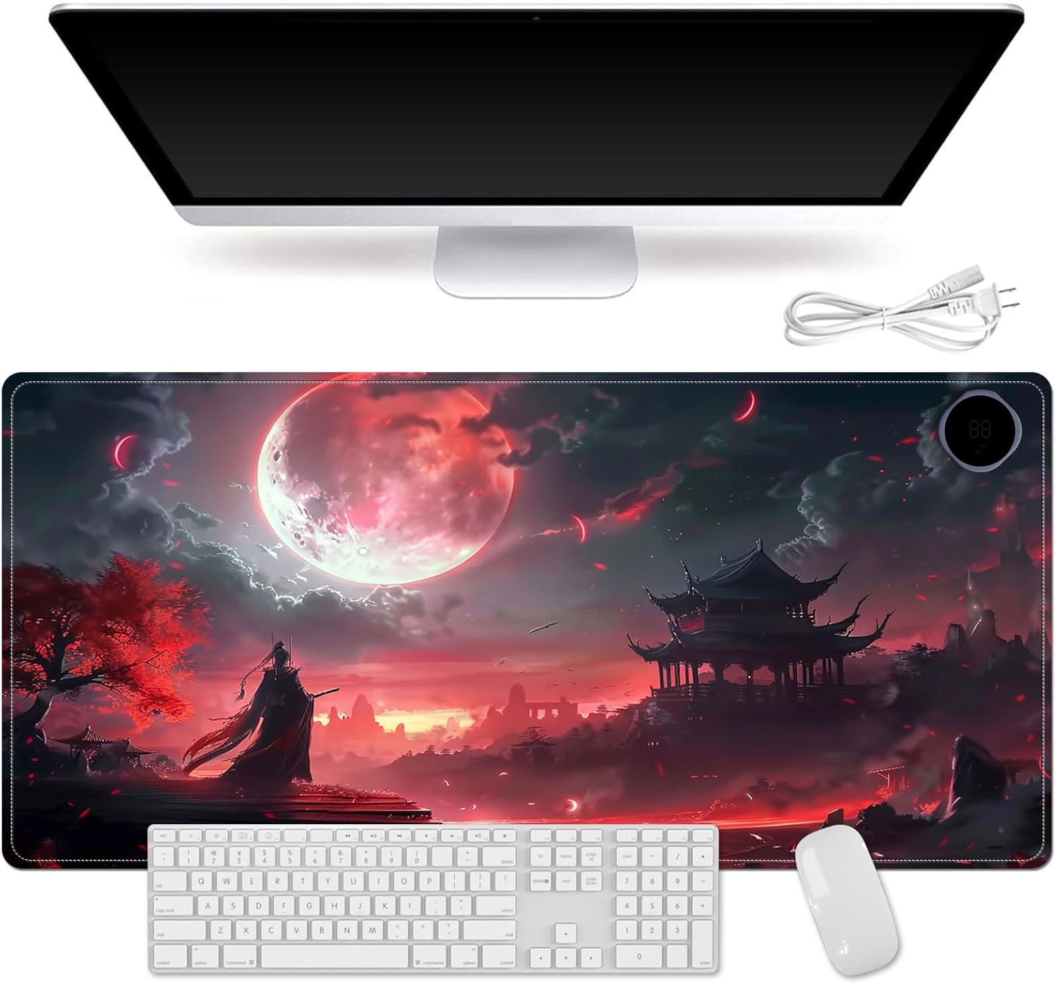 Small Heated Desk Pad 23.6" x 14.2" – Compact Electric Mouse Pad with 3 Heating Levels, Auto Shut-Off, Waterproof PU Surface, Plug-in Warmer for Office or Home Use, Bloody Moonlight