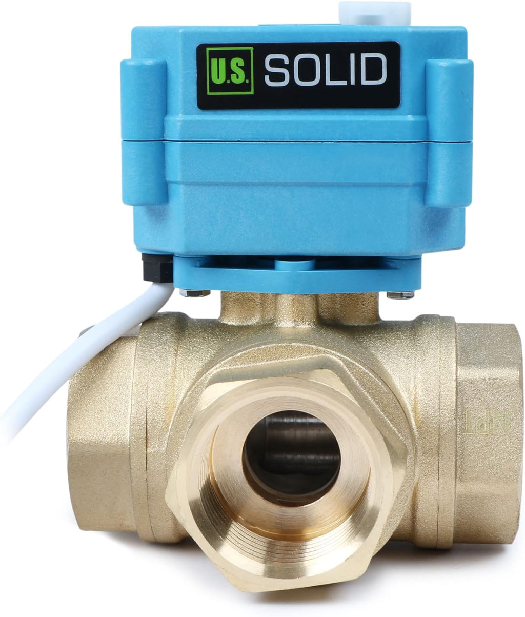 U.S. Solid 1" 3 Way Brass Motorized Ball Valve 110-230VAC, L Type Water Shutoff Valve with Manual Function, Standard Port, NOT for Drinking Water