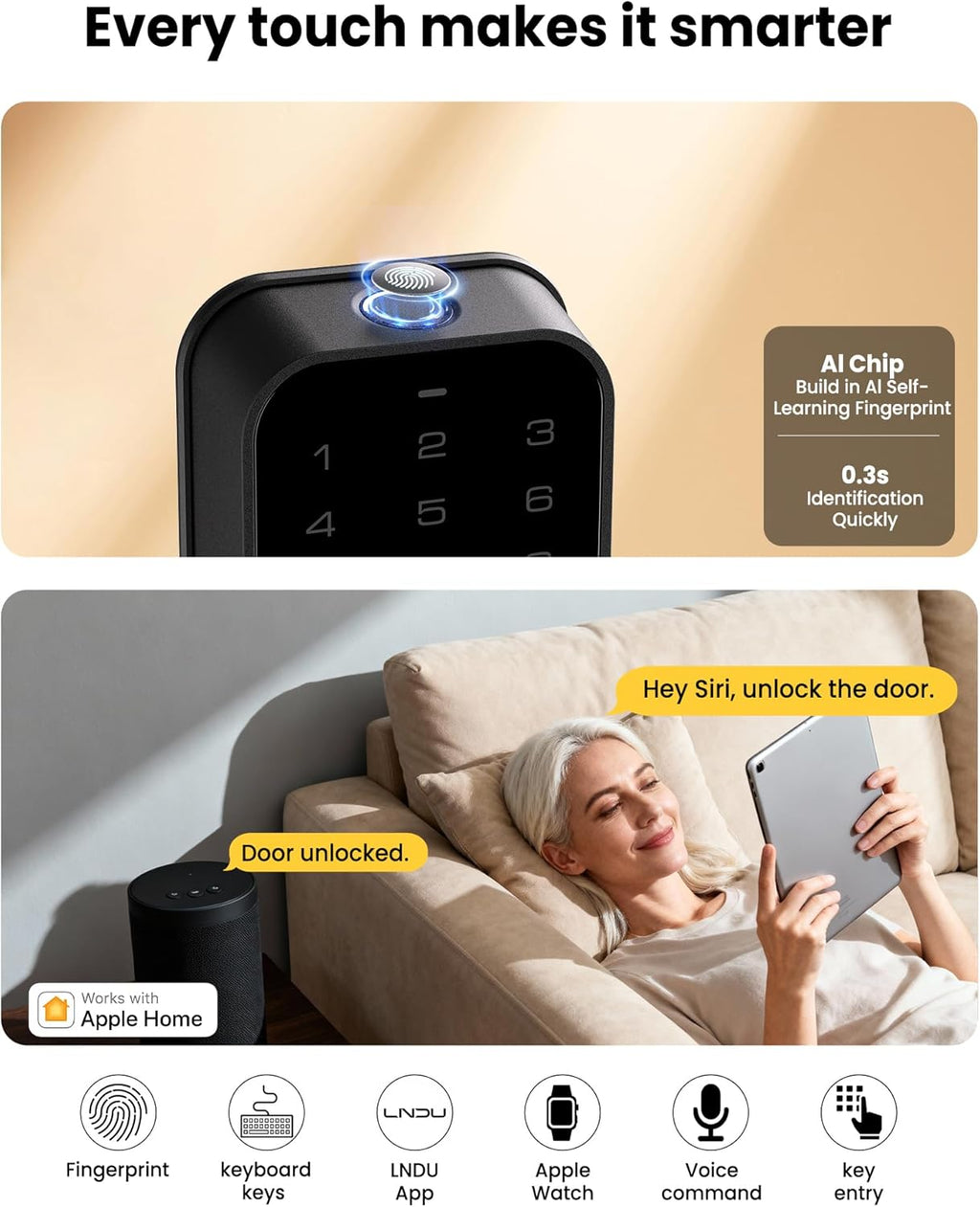 Smart Lock for Front Door HK01: Apple Home Ecosystem Fingerprint Keyless Door Lock, Supports Apple Home, App Remote Control Keypad Door Lock, Easy Installation Auto-Lock