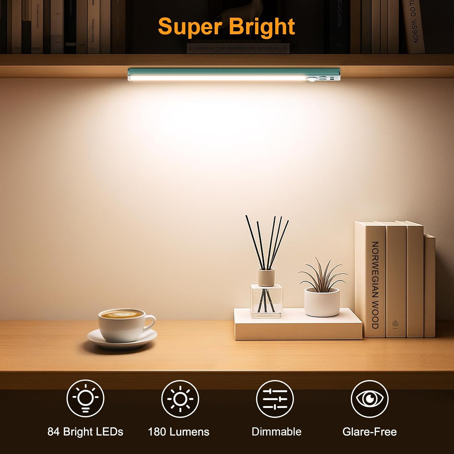 Gritin 10.2inch Under Cabinet Lighting Rechargeable -84 LED Super Bright,3-Color& 5 Level Brightness,4 Modes,Motion Sensor, Long Lasting- Easy Installation Magnetic Closet Lights -2 Pack-Green