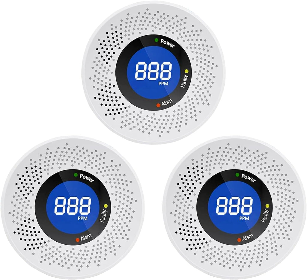 Carbon Monoxide Detectors, Travel Carbon Monoxide Detector Battery，Replaceable Battery Operated CO Detector Alarm with Digital Display for Warehouse, Kitchen, Restaurant,Hotel, Garage, 3 Packs