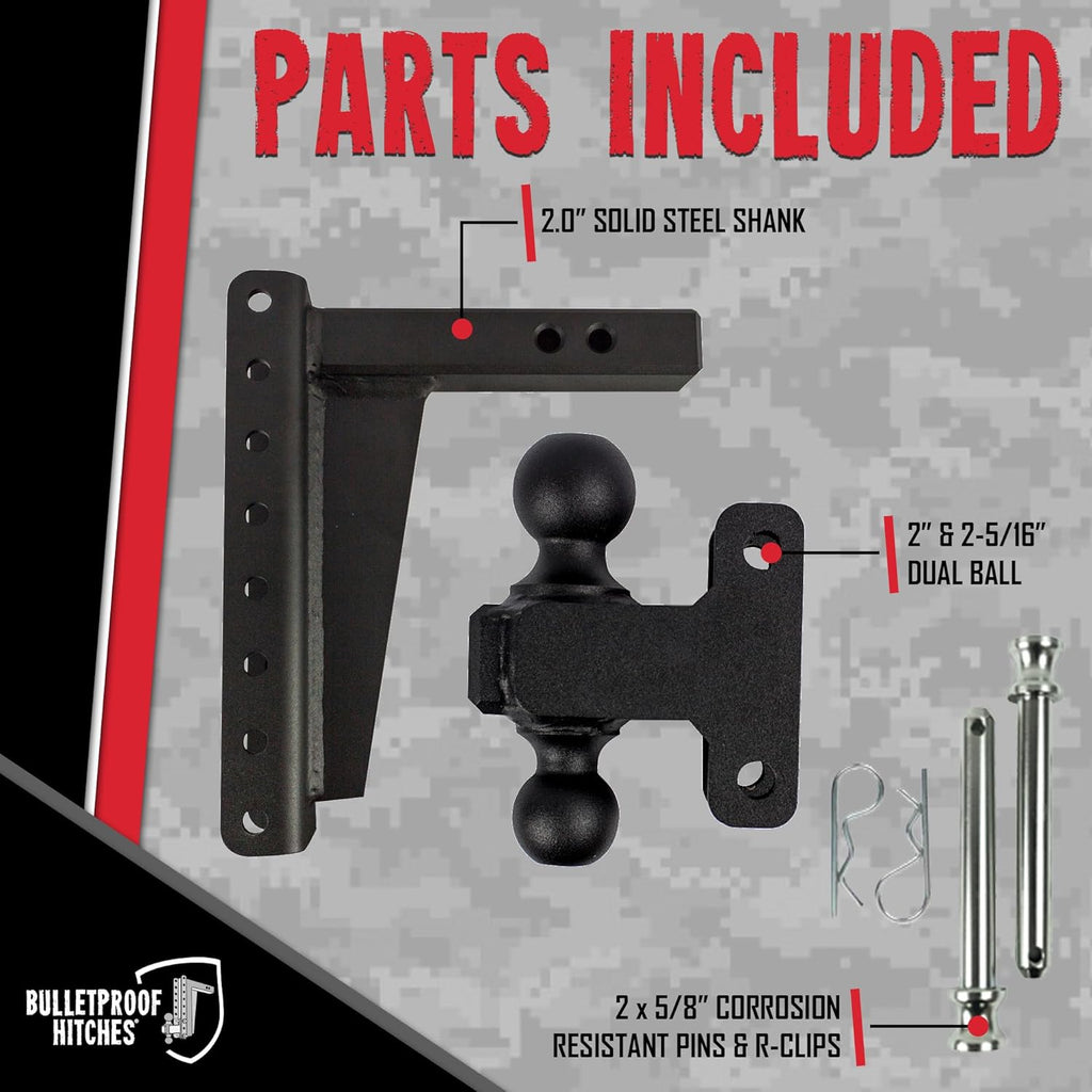 BulletProof Hitches - 2.0" Adjustable Heavy Duty Trailer Hitch (22,000 lb. Rating) - 10" Drop/Rise Trailer Hitch with 2" & 2-5/16" Dual Ball - Powder Coat, Solid Steel, Corrosion-Resistant