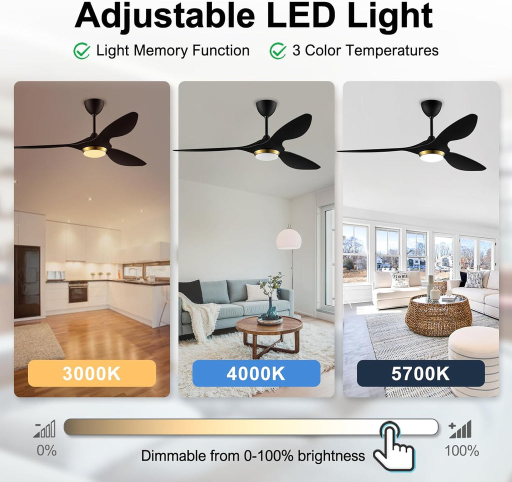 reiga 52 Inch Black Modern Ceiling Fans with Lights and Remote Control, Smart WiFi 3 Blades Quiet DC Motor for Living Room Bedroom Patio Garage, ETL Listed