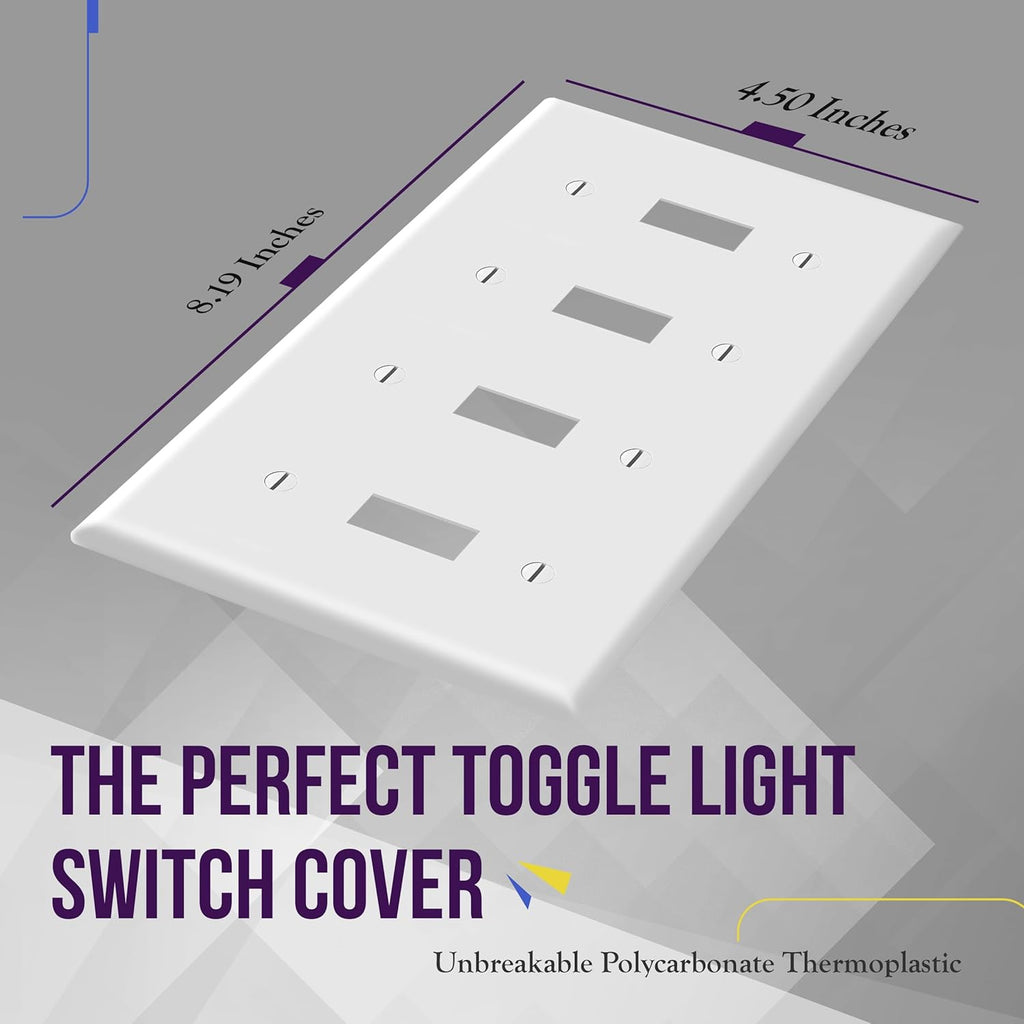 ENERLITES Quad Light Switch Wall Plate, Standard Size 4-Gang 4.50" x 8.19", Unbreakable Polycarbonate Thermoplastic, 8814-W-2-PCS, White, 2 Pack
