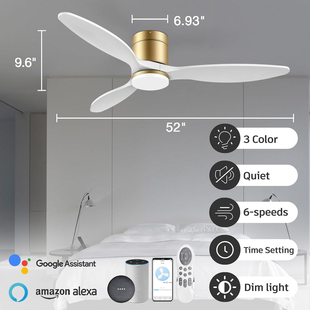 cumilo 52" Smart Ceiling Fans with Remote,Quiet DC Motor,Dimmable,Low Profile Outdoor Indoor Ceiling Fan,Compatible with Alexa Google Voice App,for Modern Flush Mount Bedroom Patio,Gold and White