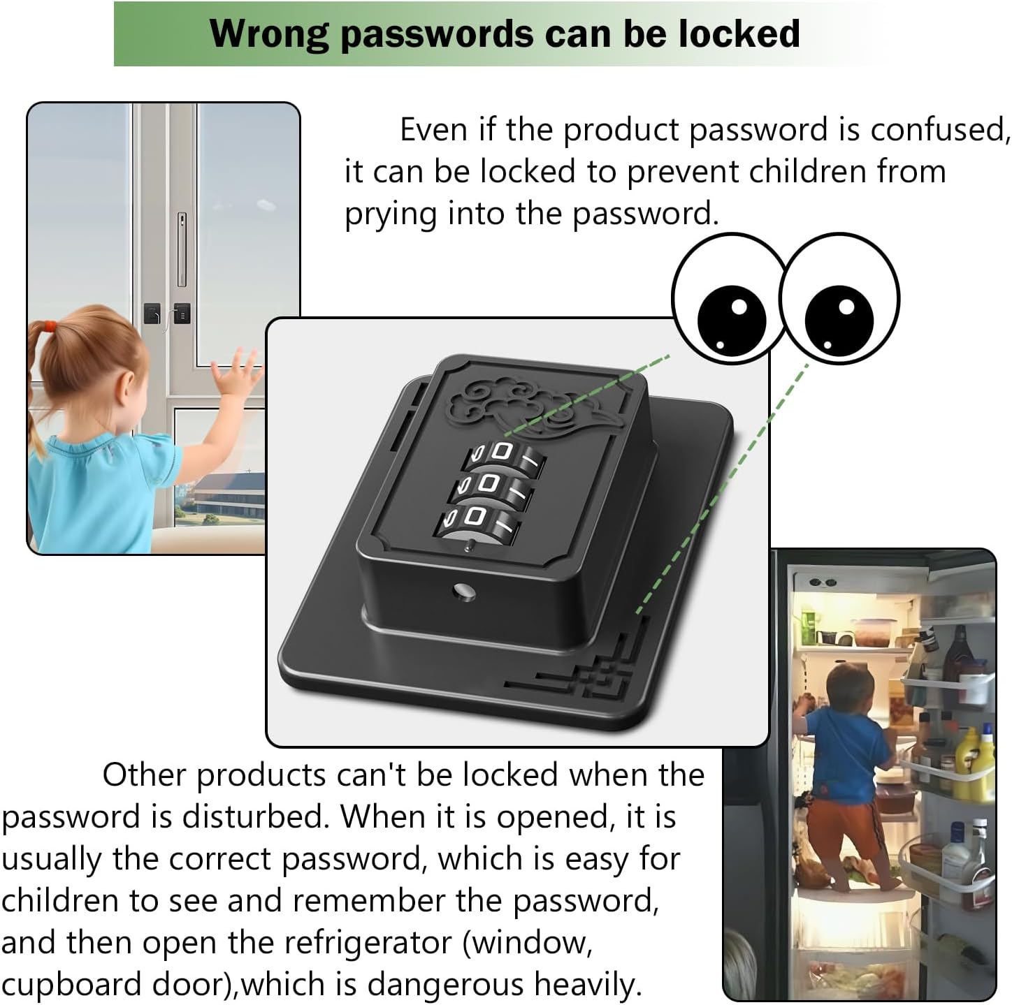 2 Pack Refrigerator Locks with 3 Digit Code, Easy Install Fridge Lock Combination, Premium Freezer Lock, Child Proof Cabinet Locks for Refrigerators, Drawers, Closets, Windows (Black)