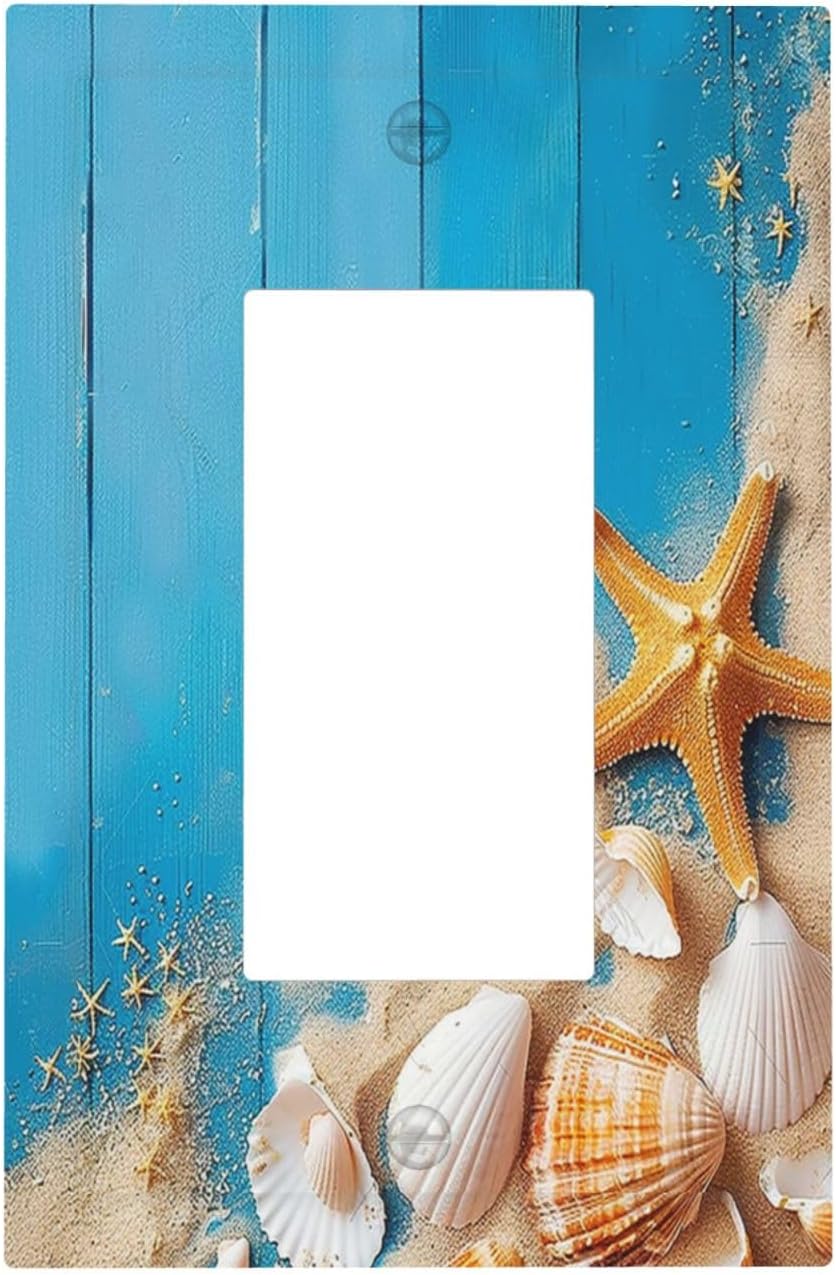 Decorative Outlet Covers Blue Wood Grain Beach Shell Starfish 1 Gang Single Rocker Light Switch Cover Plate Wall Plates GFCI Faceplate for Bathroom Farmhouse Decor