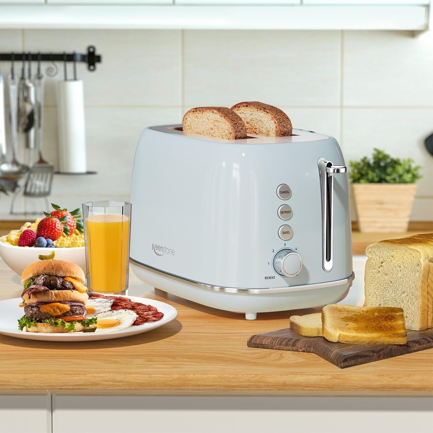 Retro 2 Slice Stainless Steel Toaster with 6 Bread Shade Settings, Bagel, Cancel, Defrost Function, Extra Wide Slot, Removable Crumb Tray, Blue