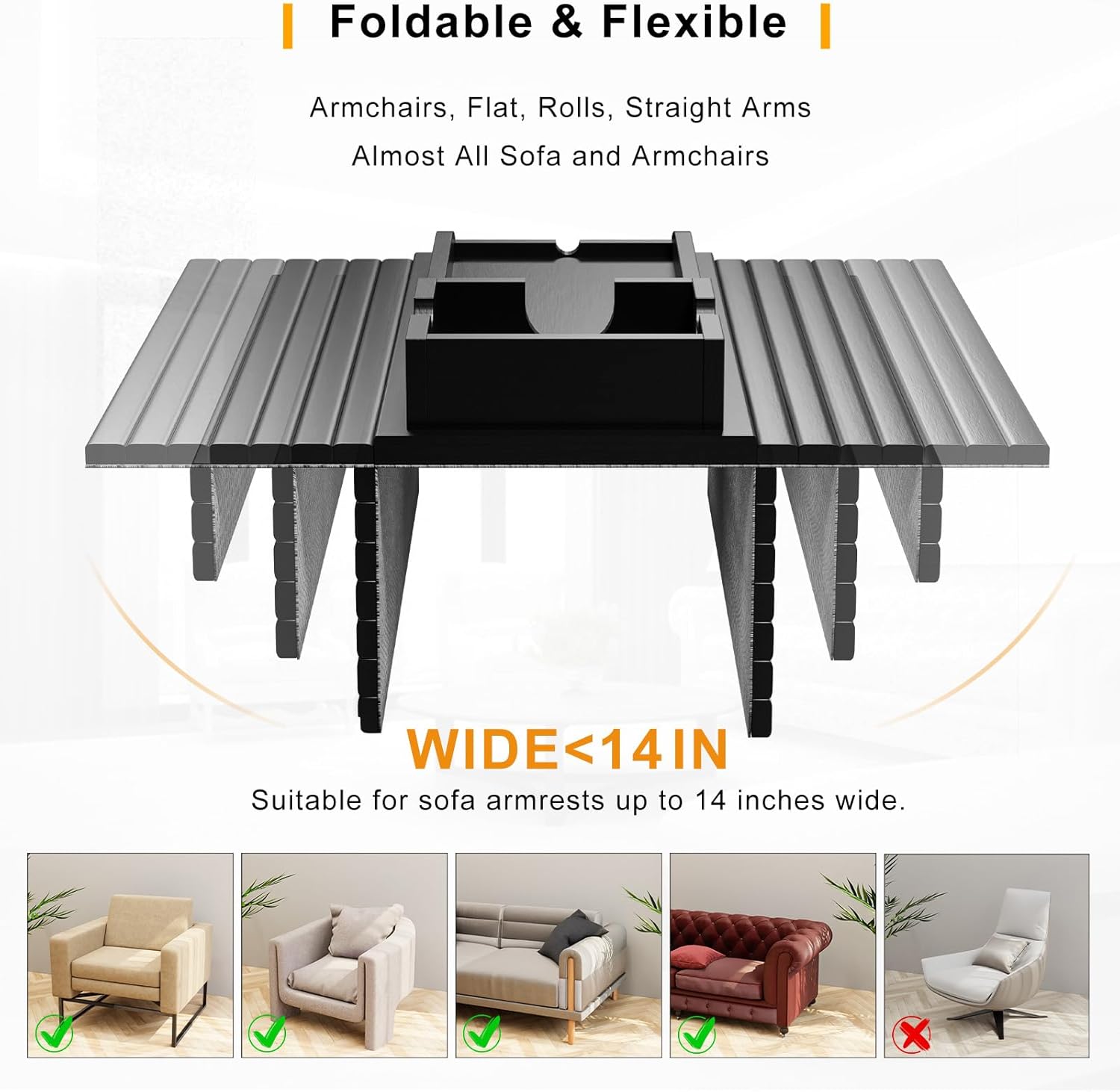 Bamboo Couch Armrest Table, Sofa Arm Tray with Detachable Couch Cup Holder- 2 in 1 Anti-Slip Foldable Sofa Armchair Caddy Table for Drinks Cellphone TV Remote Snacks (Black)