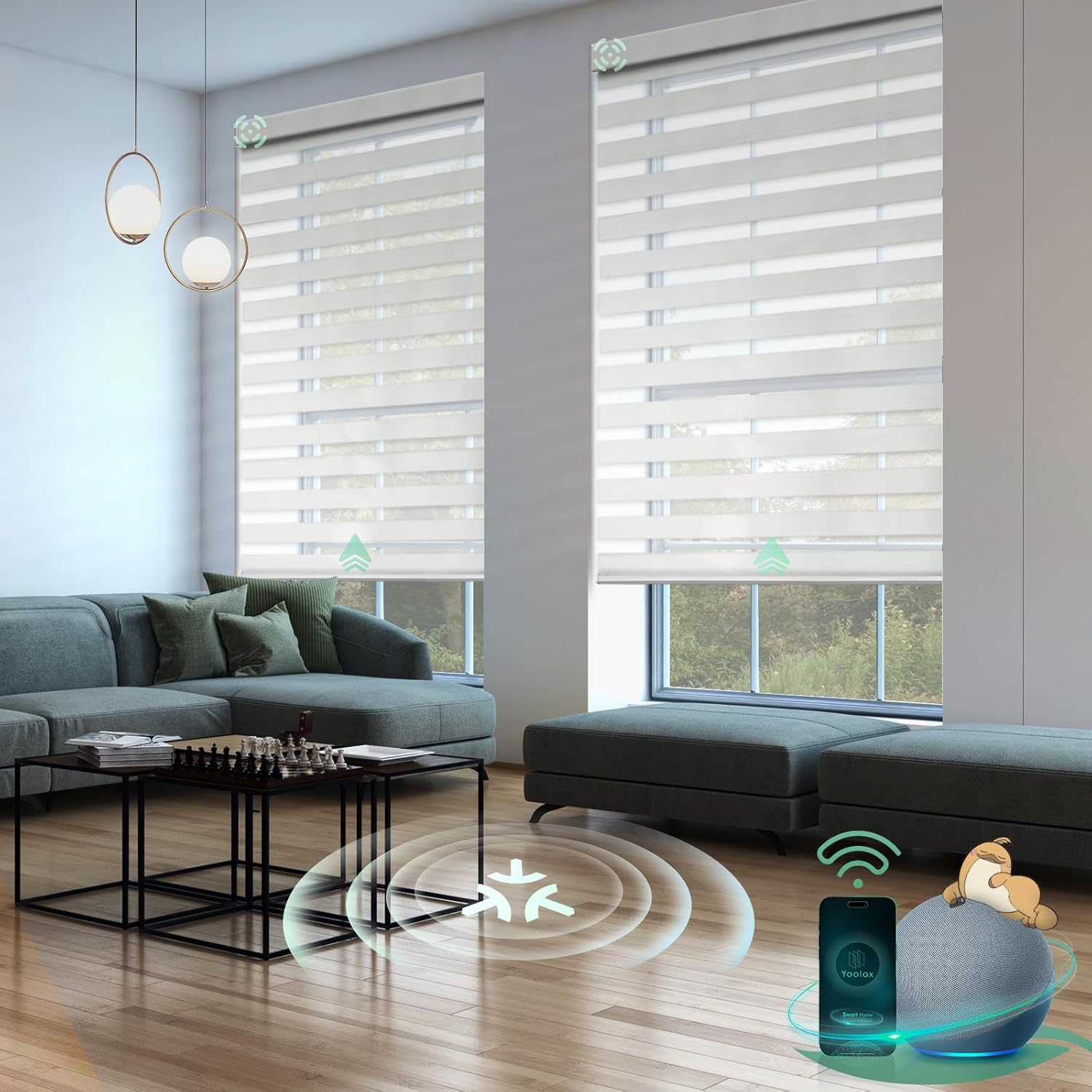 Yoolax Motorized Matter Zebra Blinds Compatible with Alexa, Google Home, Apple HomeKit, Light Filtering Dual Layer Sheer Blinds, Privacy Light Control Horizontal Window Blind (90% Narrow White)