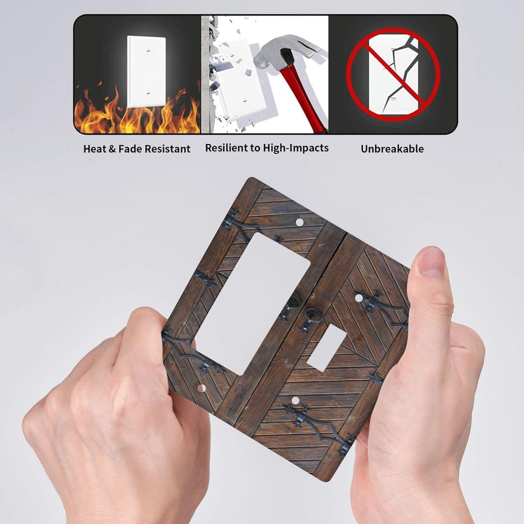 Decorative Outlet Covers Vintage Brown Wood Barn Door 2 Gang Wall Plate Single Toggle 1 Rocker Light Switch Cover Switch Plate Covers for Farmhouse Bedroom Home Decor