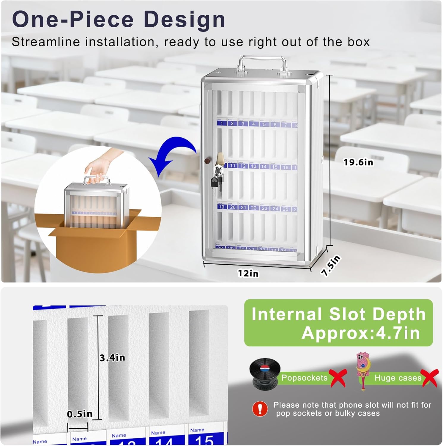 Loghot Aluminum Alloy Pocket Chart Cell Phones Storage Cabinet for Cell Phones, Wall-Mounted Cell Phone Locker Phone Holder with Lock for Classroom, Office, Can be Carried by Hand (36 Slots)