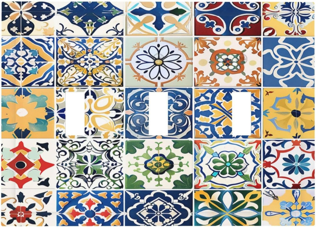 Decorative Switch Plates Moroccan Traditional Mexican Talavera Til 3 Gang Wall Plate Triple Toggle Light Switch Cover Faceplate Electrical Wall Panels for Kitchen Home Decor