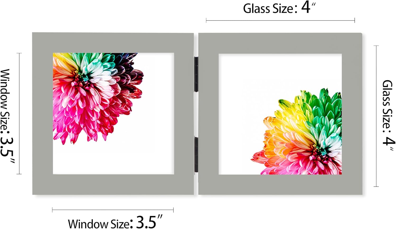 Double 4x4 Square Combo, Grey Wood Picture Frame, 3.5x3.5 Opening Foldable Photo Frame on Table-top or Wall