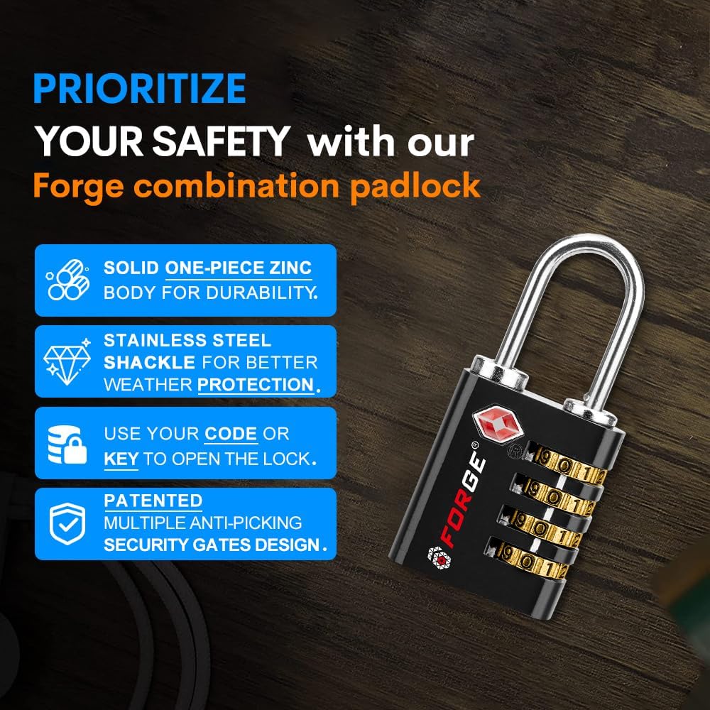 Forge Dual-Opening: Key or Combination Access Lock, Use Key to Recover Code If Forgotten, TSA Approved Locks for Luggage, Pelican case, Travel, Gym, School, Stainless Steel Shackle.(Black 6 Pk)